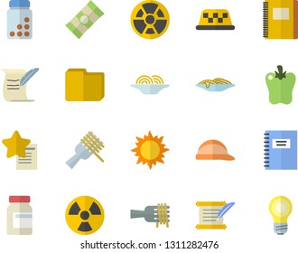 Color flat icon set hard hat flat vector, spaghetti, on a fork, bell pepper, sun, radiation, computer file, hostory roll, notebook, vitamins, taxi fector, favorites, lamp