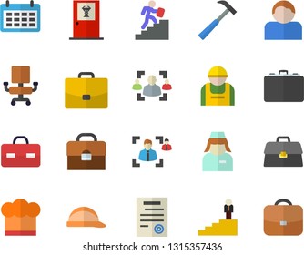 Color flat icon set hard hat flat vector, hammer, cook, construction worker, case, calendar, briefcase, nurse, recruitment, office chair, contract, career ladder, doctor's fector, user