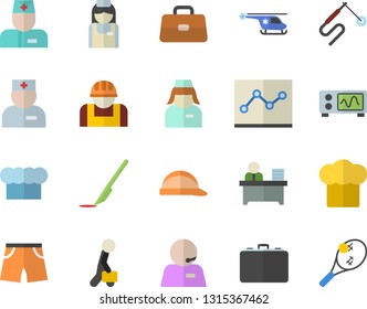 Color flat icon set hard hat flat vector, cook, construction worker, welding, case, physician, briefcase, helicopter, nurse, scalpel, phone operator, office, point diagram, businessman, oscilloscope