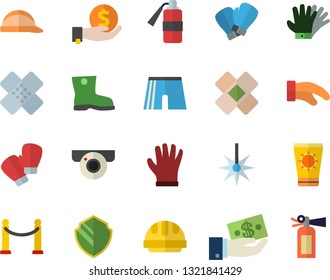 Color flat icon set hard hat flat vector, potholder, gumboots, gloves, laser, investments, patch, athletic shorts, boxing, VIP area fector, sun protection cream, surveillance camera, security