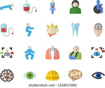 Color flat icon set hard hat flat vector, blood transfusion, disabled, injury, eye, gestation, tooth, lungs, recruitment, brainstorm, brain, fector, gymnastics, squats, push up, user