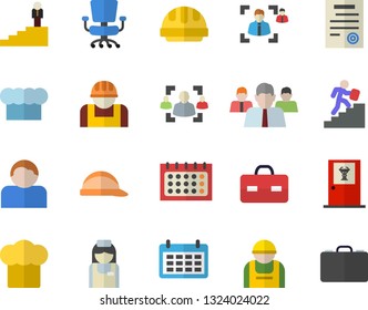 Color flat icon set hard hat flat vector, cook, construction worker, team, calendar, briefcase, nurse, recruitment, office chair, contract, career ladder, doctor's fector, user, case