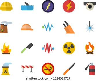 Color flat icon set hard hat flat vector, barrier, knives, bonfire, radiation, laser, nuclear power plant, lightning, electric discharge fector, surveillance camera, no smoking, shark