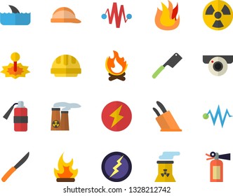 Color flat icon set hard hat flat vector, knives, fire, bonfire, radiation, laser, nuclear power plant, lightning, electric discharge fector, surveillance camera, shark, extinguisher