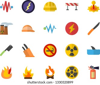 Color flat icon set hard hat flat vector, barrier, knives, fire, bonfire, radiation, laser, nuclear power plant, lightning, electric discharge fector, no smoking, shark, extinguisher