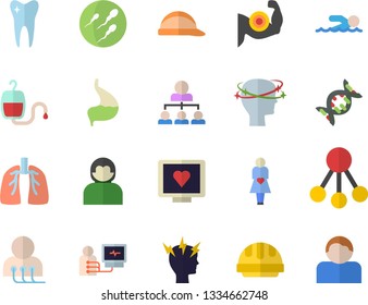 Color flat icon set hard hat flat vector, hierarchy, blood transfusion, computer diagnostics of health, headache, gestation, sperm, tooth, stomach, lungs, dna, muscles, swimming, user