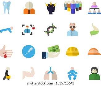 Color flat icon set hard hat flat vector, person, investments, team, injury, headache, sperm, tooth, stomach, lungs, recruitment, hierarchy, businessman, scientist, dna, muscles, gymnastics, push up