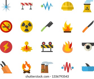 Color flat icon set hard hat flat vector, barrier, knives, fire, bonfire, radiation, laser, nuclear power plant, lightning, electric discharge fector, surveillance camera, no smoking, shark