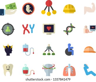 Color flat icon set hard hat flat vector, hierarchy, target audience, investments, blood transfusion, computer diagnostics of health, disabled, headache, embryo, chromosomes, tooth, lungs, dna