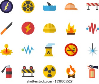 Color flat icon set hard hat flat vector, barrier, knives, bonfire, radiation, laser, nuclear power plant, lightning, electric discharge fector, no smoking, shark, fire extinguisher