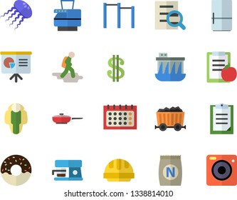 Color flat icon set hard hat flat vector, frying pan, fridge, coffee machine, donut, fertilizer vectory, hydroelectric power station, mining, dollar, calendar, clipboard, magnifier, copy, diet