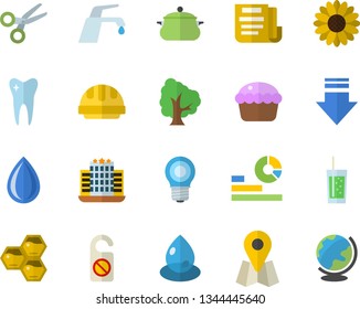 Color flat icon set hard hat flat vector, faucet, saucepan, cupcake, soda, honeycomb, tree, flower, lamp, drop, location, statistics, tooth, document, hotel fector, do not disturb, scissors, globe