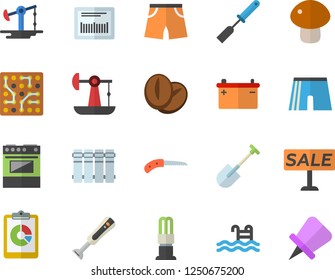 Color flat icon set heating batteries flat vector, kitchen spatula, electric stove, blender, mushroom, coffee beans, shovel, knife, oil pumping, accumulator, energy saving lamp, graphic report, pool