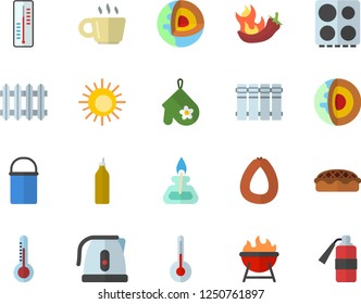 Color flat icon set heating batteries flat vector, hiking pot, electric kettle, potholder, stove, temperature, barbecue, sausage, pie, hot peppers, mustard, thermometer, radiator, coffee, gas burner