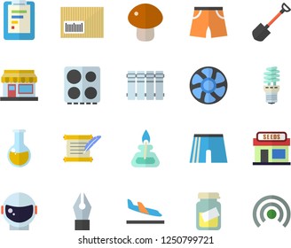 Color flat icon set heating batteries flat vector, electric stove, mushroom, grain warehouse, shovel, ventilation, energy saving lamp, graphic report, barcode, medical analysis, ink pen, gas burner