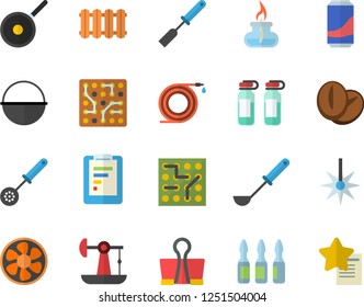 Color flat icon set heating batteries vector, cauldron flat, teflon, ladle, kitchen spatula, spoon, coffee beans, lemonade, hose, ventilation, oil pumping, laser, graphic report, ampoule, gas burner