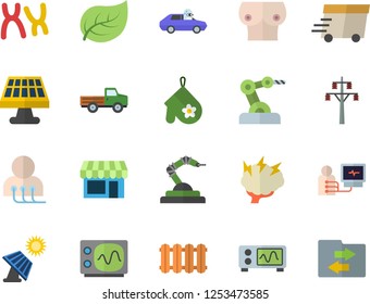Color flat icon set heating batteries vector, potholder flat, pickup truck, solar battery, tree leaf, power line support, autopilot, robotics, express delivery, diagnostics, breast, chromosomes