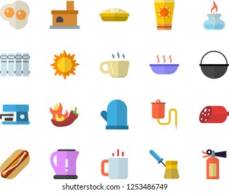 Color flat icon set heating batteries flat vector, cauldron, electric kettle, potholder, turk, coffee machine, sausage, hot dog, soup, pie, peppers, tea, scrambled eggs, sun, fireplace, gas burner