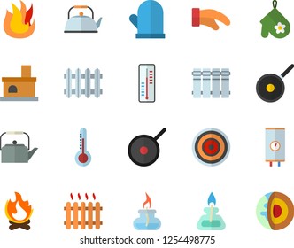 Color flat icon set heating batteries flat vector, boiler, teflon, teapot, potholder, fire, induction cooker, thermometer, bonfire, fireplace, radiator, gas burner, core of the earth fector