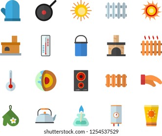 Color flat icon set heating batteries vector, boiler flat, hiking pot, teflon, teapot, potholder, induction cooker, temperature, thermometer, fireplace, radiator, gas burner, sun, protection cream