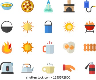 Color flat icon set heating batteries vector, cauldron flat, hiking pot, teapot, electric kettle, potholder, fire, barbecue, pizza, soup, tea, scrambled eggs, sun, fireplace, medical warmer, coffee