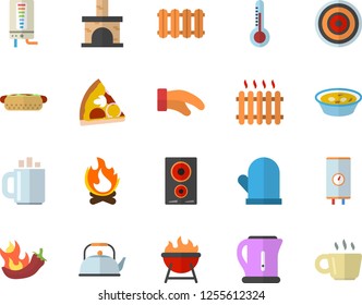 Color flat icon set heating batteries vector, boiler flat, teapot, electric kettle, potholder, induction cooker, barbecue, hot dog, pizza, soup, peppers, thermometer, bonfire, fireplace, radiator