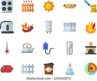 Color flat icon set heating batteries flat vector, boiler, teapot, electric kettle, turk, stove, fire, temperature, sausage, hot dog, peppers, coffe, thermometer, sun, fireplace, radiator