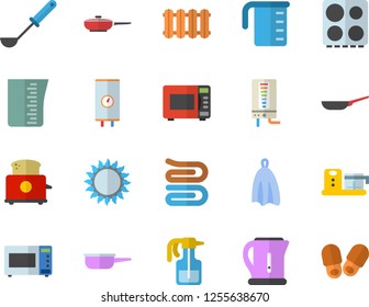 Color flat icon set heating batteries vector, boiler flat, frying pan, saute, meashuring cup, electric kettle, ladle, towel, stove, gas, microwave, toaster, food processor, pulverizer