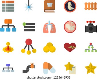 Color flat icon set heating batteries vector, cookbook flat, main pipeline, laser, hierarchy, embryo, lungs, classification, heartbeat, pills, menu, favorites