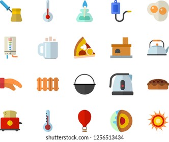 Color flat icon set heating batteries vector, boiler flat, cauldron, teapot, electric kettle, potholder, turk, toaster, temperature, pizza, pie, scrambled eggs, thermometer, fireplace, coffee, sun