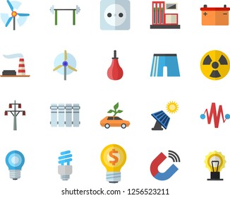 Color flat icon set heating batteries flat vector, solar battery, gas station, factory, accumulator, lamp, socket, power line support, radiation, eco cars, magnet, idea, energy saving fector