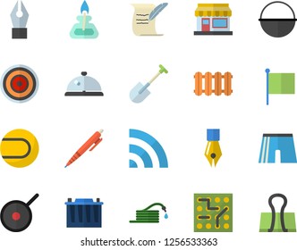 Color Flat Icon Set Heating Batteries Vector, Cauldron Flat, Teflon, Induction Cooker, Grain Warehouse, Shovel, Hose, Accumulator, Flag, Ink Pen, Gas Burner, Hostory Roll, Electronic Circuit