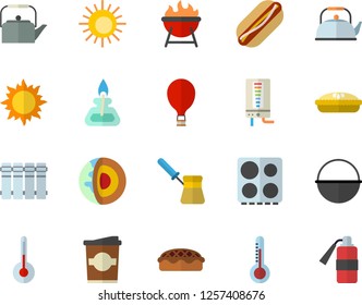 Color flat icon set heating batteries flat vector, boiler, cauldron, teapot, turk, electric stove, temperature, barbecue, hot dog, pie, coffe, thermometer, sun, gas burner, core of the earth fector