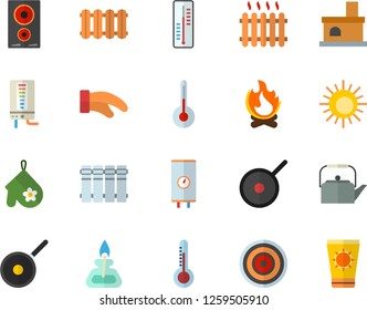 Color flat icon set heating batteries vector, flat, boiler, teflon, teapot, potholder, induction cooker, temperature, thermometer, bonfire, fireplace, radiator, gas burner, sun fector