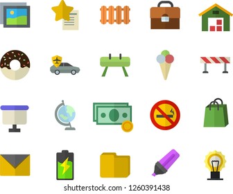 Color flat icon set heating batteries vector, barrier flat, donut, ice cream, battery, autopilot, cash, marker, flipchart, bags, warehouse, briefcase, computer file, globe, sports equipment horse
