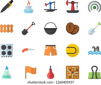 Color flat icon set heating batteries vector, cauldron flat, electric stove, coffee beans, shovel, knife, oil pumping, flag, pen, gas burner, electronic circuit, sports pear, athletic shorts, pool