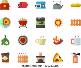 Color flat icon set heating batteries vector, teapot flat, potholder, electric stove, induction cooker, toaster, coffee machine, barbecue, sausage, pizza, pie, hot peppers, coffe, tea, fireplace