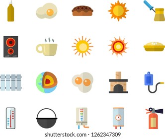 Color flat icon set heating batteries flat vector, boiler, cauldron, turk, induction cooker, pie, scrambled eggs, mustard, thermometer, sun, fireplace, medical warmer, coffee, fire extinguisher