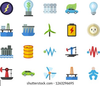 Color flat icon set heating batteries flat vector, oil production platform, battery, pumping, windmill, tanks, socket, hydroelectric power station, eco cars, electric, idea, bulb, lightning