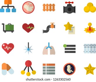 Color flat icon set heating batteries vector, flat, main pipeline, laser, hierarchy, embryo, lungs, heartbeat, pills, luggage trolley fector, menu, favorites