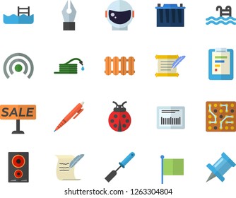 Color flat icon set heating batteries vector, kitchen spatula flat, induction cooker, ladybird, hose, accumulator, graphic report, flag, sell out, barcode, ink pen, hostory roll, electronic circuit