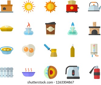 Color flat icon set heating batteries flat vector, boiler, teapot, electric kettle, turk, toaster, soup, pie, coffe, scrambled eggs, mustard, sun, fireplace, gas burner, core of the earth fector