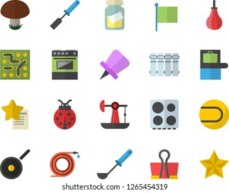 Color Flat Icon Set Heating Batteries Flat Vector, Teflon, Ladle, Kitchen Spatula, Electric Stove, Mushroom, Ladybird, Hose, Oil Pumping, Flag, Medical Analysis, Electronic Circuit, Sports Pear