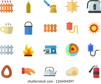 Color flat icon set heating batteries vector, hiking pot flat, teapot, electric kettle, potholder, turk, coffee machine, sausage, scrambled eggs, mustard, sun, bonfire, radiator, medical warmer