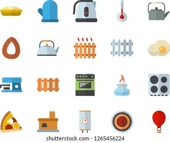 Color flat icon set heating batteries vector, boiler flat, teapot, electric kettle, potholder, stove, induction cooker, coffee machine, temperature, sausage, pizza, pie, scrambled eggs, fireplace