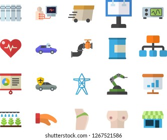 Color flat icon set heating batteries flat vector, potholder, sprinkling machine, main pipeline, power line support, autopilot, robotics, billboard, hierarchy, express delivery, diagnostics, breast
