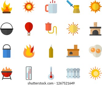 Color flat icon set heating batteries flat vector, cauldron, hiking pot, turk, fire, temperature, barbecue, tea, scrambled eggs, mustard, thermometer, sun, bonfire, fireplace, medical warmer