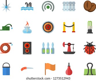 Color flat icon set heating batteries flat vector, hiking pot, induction cooker, coffee beans, ladybird, hose, knife, oil pumping, energy saving lamp, laser, flag, ampoule, gas burner, sports pear