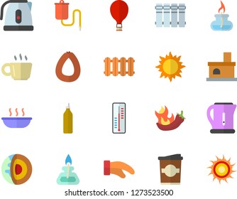 Color flat icon set heating batteries vector, flat, electric kettle, potholder, sausage, soup, hot peppers, coffe, mustard, thermometer, sun, fireplace, medical warmer, coffee, gas burner, balloon