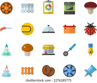 Color flat icon set heating batteries vector, flat, kitchen spoon, electric stove, mushroom, coffee beans, ladybird, grain warehouse, knife, ventilation, accumulator, graphic report, ink pen